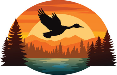 Serene Duck Silhouette in Flight Above Vibrant Lake at Sunset
