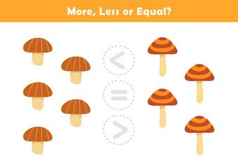 Comparison Worksheet with Cute Mushroom Illustration for Kids. Counting Games for Preschoolers. More or Less Worksheet for Kindergarten.