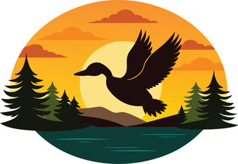 Majestic Duck Silhouette Gliding Across Sunset Reflections on Serene Lake
