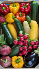  Assorted Fresh Vegetables in Wooden Box Featuring Peppers and Radishes for Healthy Eating