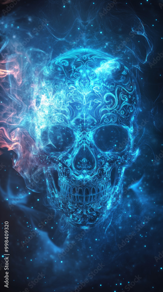 Wall mural glowing neon skull with intricate patterns floats in cosmic background, surrounded by ethereal smoke