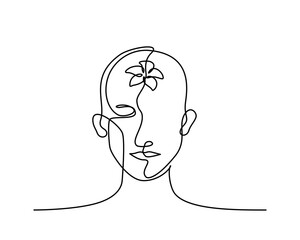 Continuous lineart of a person do meditating with a flower inside head in mental health concept, editable stroke.