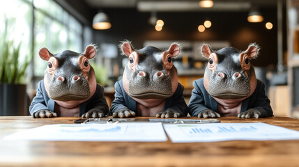 Three hippos in suits sitting at a table, examining documents, blending humor with a professional setting.