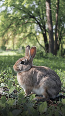 Fototapeta premium Wild Brown Bunny Sitting in Lush Green Forest with Sunlight Filtering Through Trees