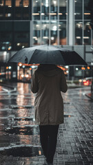  Solitary Figure Walking on Rainy City Street with Umbrella at Night