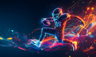 Dynamic Neon rugby football Action with Futuristic Geometric Patterns and Vibrant Light Trails for High-Energy Sports Advertising Backgrounds