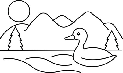 Nature’s Harmony Duck on the Riverbank Against Distant Mountains
