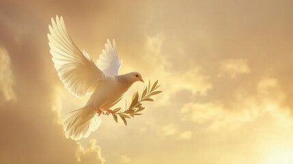 Fototapeta premium A_dove_with_an_olive_branch, soaring through the sky, peacefull