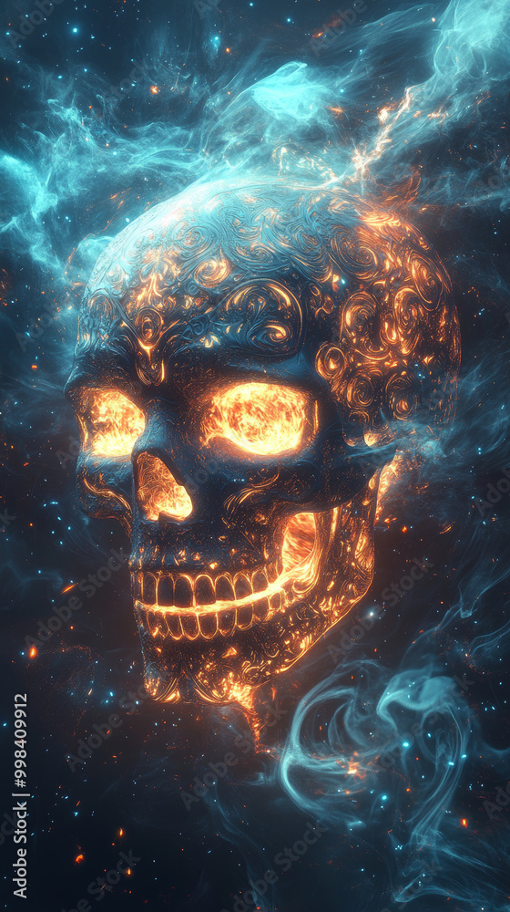 Wall mural glowing neon skull with intricate patterns floats amidst vibrant cosmic smoke, creating mesmerizing 