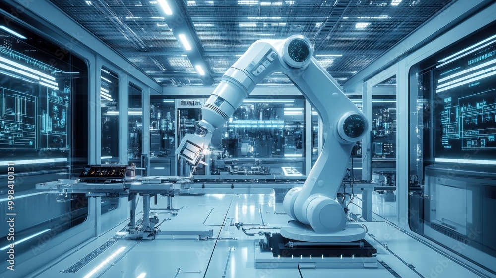 Aufkleber A robotic arm meticulously assembles intricate machinery in a sleek, advanced laboratory filled with illuminated panels and holograms. Generative AI
