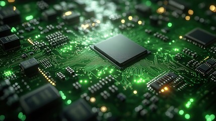 Fototapeta premium A highly detailed green circuit board, populated with intricate pathways, transistors, and microchips, emphasizing the core of technology and electronics.