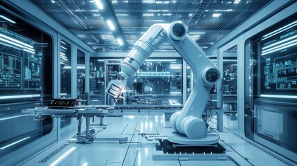 A robotic arm meticulously assembles intricate machinery in a sleek, advanced laboratory filled with illuminated panels and holograms. Generative AI