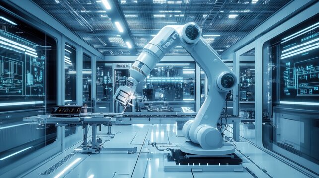 A robotic arm meticulously assembles intricate machinery in a sleek, advanced laboratory filled with illuminated panels and holograms. Generative AI