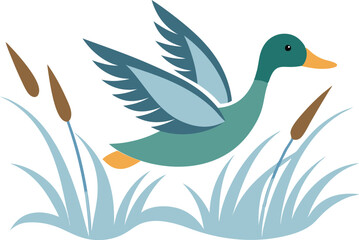 Dynamic Vector Illustration of Ducks in Flight over Serene Lakeside Landscape
