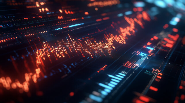Holographic charts illustrating the impact of global events on financial markets and futures, showcasing the intricate relationships between geopolitical developments and market fluctuations. This imm