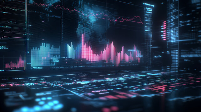 Holographic charts illustrating the impact of global events on financial markets and futures, showcasing the intricate relationships between geopolitical developments and market fluctuations. This imm