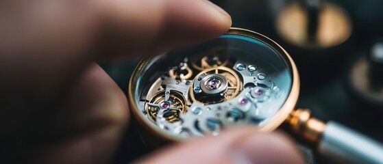 A close-up view of a watch mechanism being examined with a magnifying glass, showcasing intricate gears and craftsmanship.