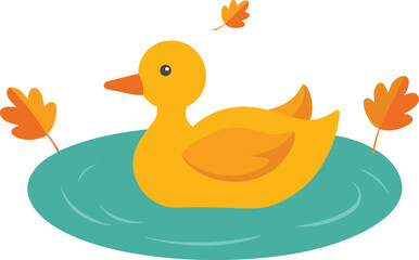 Serene Duck Drift Among Vibrant Fall Leaves Illustrated in Vector Art
