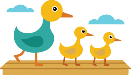 Playful Duck Family Vector Illustration Walking by the Tranquil Lakeside
