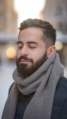 Fototapeta premium Serene Bearded Man with Closed Eyes in Cozy Gray Scarf on Winter Street