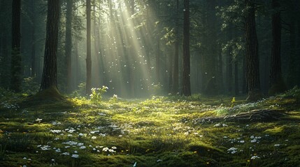 Obraz premium Sunbeams through the trees, illuminating a forest floor covered in white flowers.