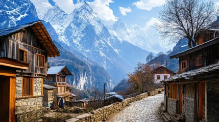 A picturesque mountain village nestled between towering peaks, with cobblestone streets and traditional houses. -