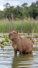 Fototapeta premium Capybara Standing in Tranquil Wetland Pond Surrounded by Lush Greenery