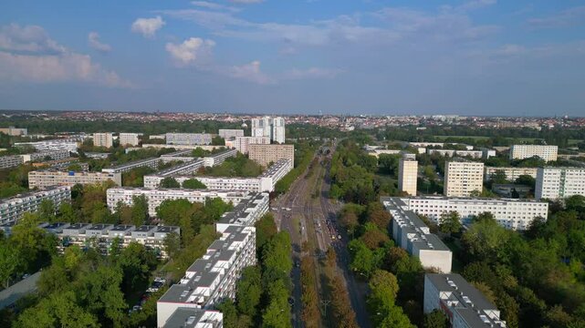 Halle Neustadt plattenbau buildings district. Magic aerial view flight drone