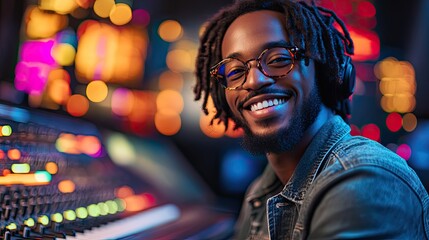 A joyful black man works on music production in a studio, using technology for sound engineering and live streaming, reflecting creativity and digital innovation.