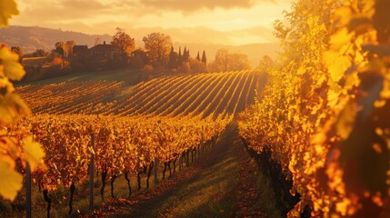 Naklejka premium A picturesque vineyard in autumn, with vibrant orange and yellow leaves glowing in the golden light.