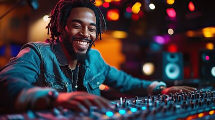 Obraz premium A joyful black man works on music production in a studio, using technology for sound engineering and live streaming, reflecting creativity and digital innovation.