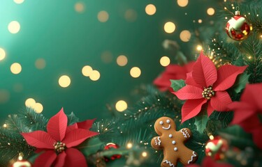 Christmas background with poinsettia flowers, gingerbread cookies, and Christmas lights on a green background. Greeting card decoration or social media banner, web poster layout template.