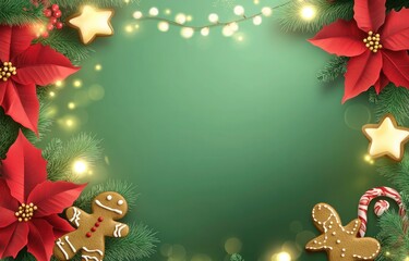 Christmas background with poinsettia flowers, gingerbread cookies, and Christmas lights on a green background. Greeting card decoration or social media banner, web poster layout template.
