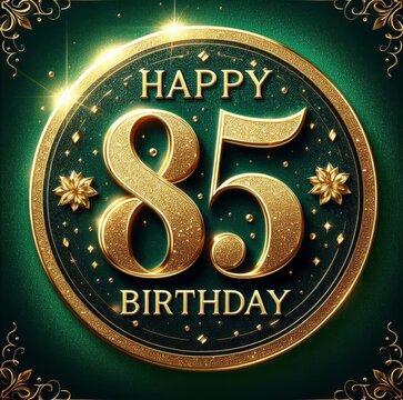 Elegant golden 85th birthday greeting with sparkling details on a green backdrop.