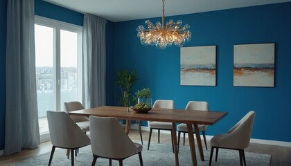 Fototapeta premium minimalist modern home decor with blue wall, hanging lamp, green plants on the side and gray sofa, soft light from outside the window creates warm and cozy view 49