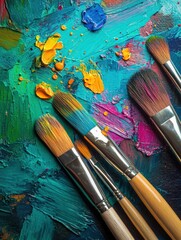 Fototapeta premium Bright paint splashes and artistic brushstrokes cover the canvas as paintbrushes rest nearby, capturing creativity in a cozy studio. Generative AI