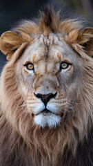 Fototapeta premium Majestic Lion With Golden Mane Staring Intently Against Dark Natural Background