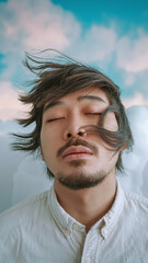  Serene Young Man with Eyes Closed Experiencing Wind against Cloudy Blue Sky