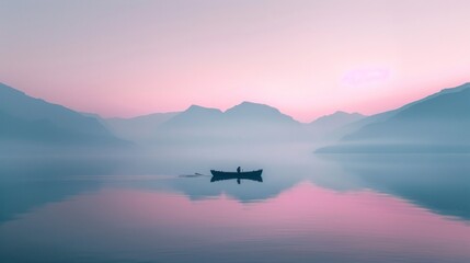 A boat is floating on a lake with mountains in the background