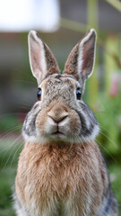 Fototapeta premium Cute Brown Rabbit with Alert Ears in Lush Green Background Close-Up