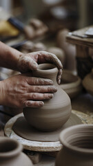  Artisan Pottery Crafting Hands Shaping Clay Vase on Pottery Wheel in Workshop