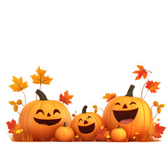 Three cheerful pumpkins surrounded by autumn leaves, Transparent background.