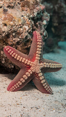  Vibrant Red Starfish on Sandy Ocean Floor Beside a Coral Reef