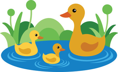 Pond Scene Family of Ducks Feeding Vector Art