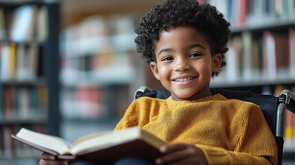  Happy young disabled mixed race school student in wheelchair reading a library book. African american child with disability learning. Inclusive & diverse education 