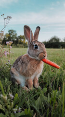 Fototapeta premium Adorable Rabbit Holding Carrot in Lush Green Field with Clear Blue Sky
