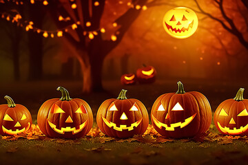 Sinister pumpkins with burning eyes at night in the forest. The concept of the Halloween holiday.