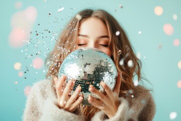 Naklejka premium Woman holding disco ball with confetti falling in celebration
