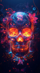 vibrant geometric candy skull adorned with glowing neon details and floral elements creates captivating visual experience. intricate design combines colors and shapes, evoking sense of wonder and