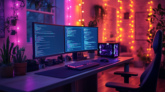 A modern gaming desk setup with dual monitors displaying code, illuminated by colorful fairy lights in a cozy environment.
